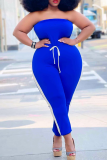 Blue Casual Solid Patchwork Strapless Plus Size Jumpsuits