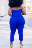 Blue Casual Solid Patchwork Strapless Plus Size Jumpsuits