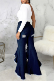 Black Fashion Casual Solid Ripped Asymmetrical High Waist Regular Jeans