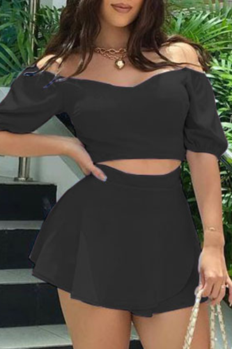 Black Casual Solid Patchwork Off the Shoulder Short Sleeve Two Pieces