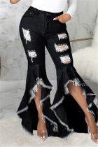 Black Fashion Casual Solid Ripped Asymmetrical High Waist Regular Jeans