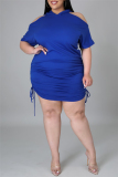 Blue Fashion Casual Solid Hollowed Out Hooded Collar Plus Size Dresses