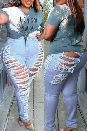 Baby Blue Fashion Casual Solid Ripped Plus Size Jeans