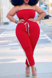 Red Casual Solid Patchwork Strapless Plus Size Jumpsuits