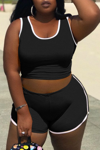 Black Casual Solid Patchwork O Neck Plus Size Two Pieces
