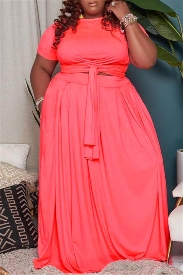 Fluorescent Pink Fashion Casual Solid Basic O Neck Plus Size Two Pieces