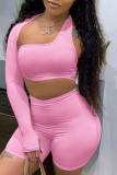 Pink Casual Solid Hollowed Out One Shoulder Long Sleeve Two Pieces