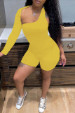 Yellow Sexy Casual Solid Hollowed Out Asymmetrical Oblique Collar Skinny Romper