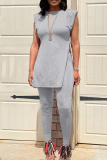 Grey Fashion Casual Solid Slit O Neck Sleeveless Two Pieces