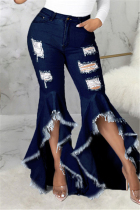 Dark Blue Fashion Casual Solid Ripped Asymmetrical High Waist Regular Jeans