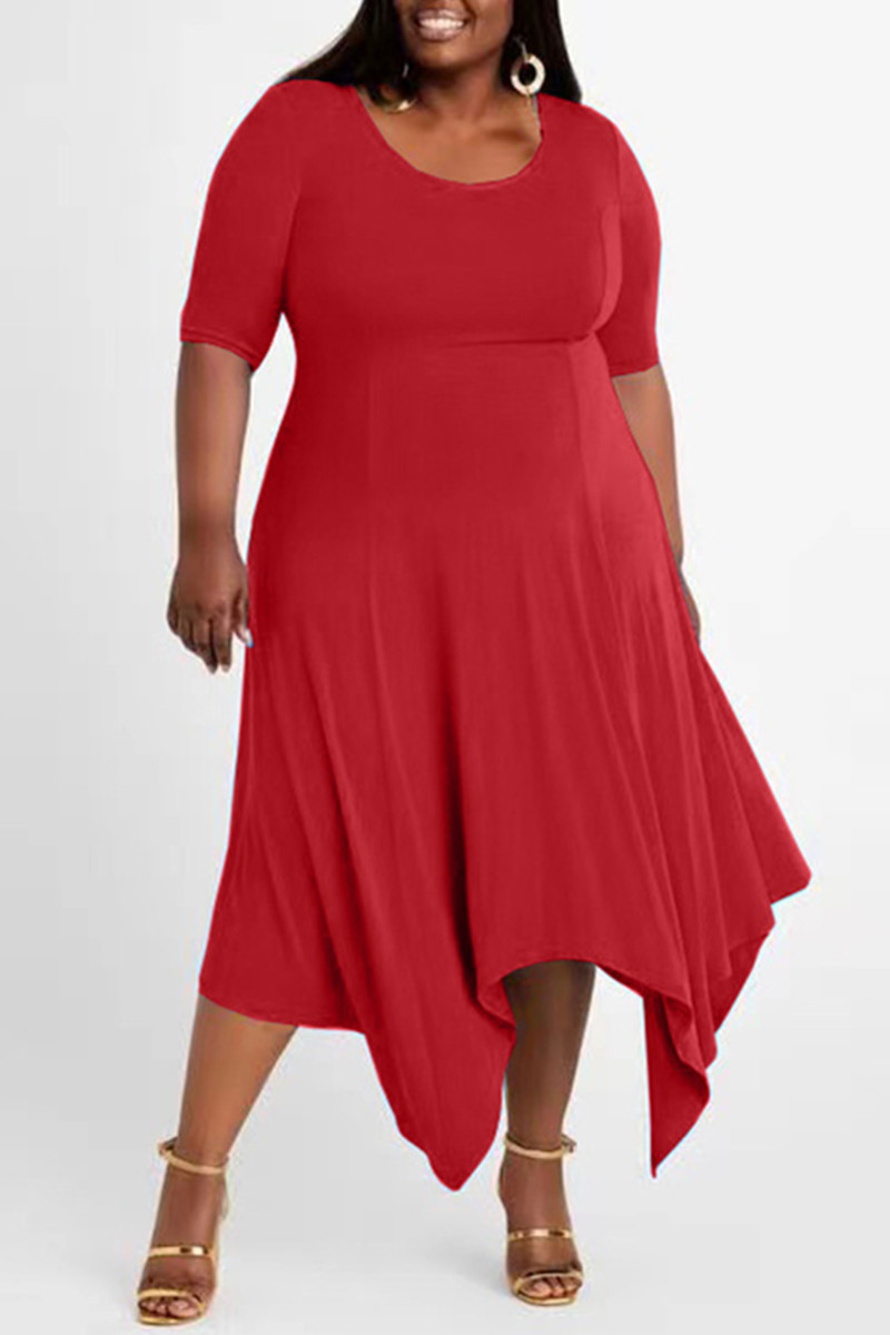 

Red Fashion Casual Plus Size Solid O Neck Irregular Dress