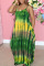 Green Sweet Print Split Joint Spaghetti Strap Sling Dress Dresses