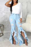 Baby Blue Fashion Casual Solid Ripped Asymmetrical High Waist Regular Jeans