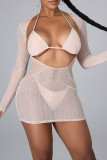 Black Sexy Patchwork Hot Drilling Hollowed Out See-through Long Sleeve Dress Three-piece Set