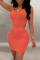 Tangerine Red Sexy Solid Hollowed Out U Neck Pencil Skirt Dresses
