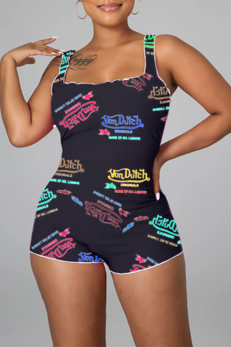 Black Sexy Print Patchwork Square Collar Skinny Rompers