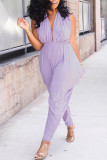 Purple Fashion Casual Solid Backless V Neck Regular Jumpsuits
