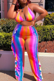 Rainbow Color Sexy Casual Striped Patchwork Flounce Spaghetti Strap Plus Size Two Pieces