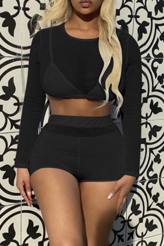 Black Sexy Casual Solid Hollowed Out See-through O Neck Long Sleeve Two Pieces