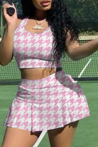 Pink Sexy Plaid Patchwork U Neck Sleeveless Two Pieces