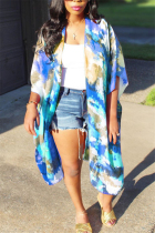 Blue Fashion Tie-dye Printed Short Sleeved Coats