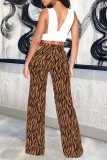 White Sexy Animal Print Print Hollowed Out Straight Mid Waist Speaker Full Print Bottoms