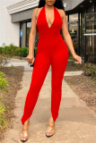 Red Sexy Casual Solid Backless Halter Skinny Jumpsuits
