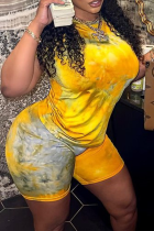 Yellow Casual Print Patchwork O Neck Short Sleeve Two Pieces