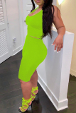 Fluorescent Green Fashion Casual Solid Basic U Neck Sleeveless Two Pieces
