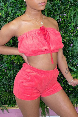 Rose Red Sexy Casual Solid Backless Strapless Sleeveless Two Pieces