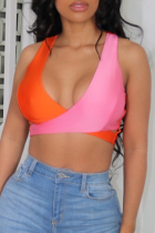 Orange Pink Fashion Sexy Patchwork Backless V Neck Tops