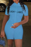 Light Blue Fashion Casual Letter Embroidered Zipper Collar Skinny Romper