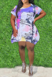 Purple Fashion Casual Plus Size Print Basic O Neck Short Sleeve Dress