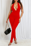 Red Sexy Casual Solid Backless Halter Skinny Jumpsuits