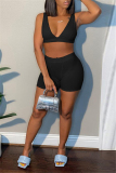 Black Sexy Casual Solid Backless V Neck Sleeveless Two Pieces