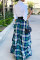 Light Blue Fashion Casual Plaid Print Patchwork Regular High Waist Skirt