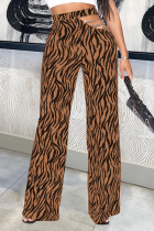 Coffee Sexy Animal Print Print Hollowed Out Straight Mid Waist Speaker Full Print Bottoms