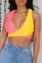 Pink Yellow Fashion Sexy Patchwork Backless V Neck Tops