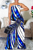 Blue Sexy Casual Print Backless Strapless Regular Jumpsuits