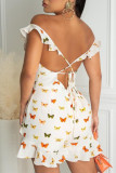 White Sexy Casual Butterfly Print Backless Strap Design V Neck Regular Rompers