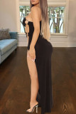 Black Fashion Sexy Solid Hollowed Out Slit Oblique Collar Long Sleeve Dresses