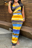 Gold Fashion Casual Print Backless Off the Shoulder Short Sleeve Dress