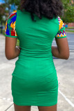 Green Fashion Patchwork Print Buttons Asymmetrical Contrast O Neck A Line Dresses