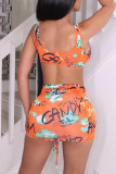 Orange Sexy Print Frenulum Backless Swimwears