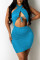 Sky Blue Fashion Sexy Solid Hollowed Out Backless Halter Sleeveless Dress