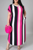 Yellow Brown Casual Striped Patchwork High Opening V Neck Short Sleeve Dress Plus Size Dresses