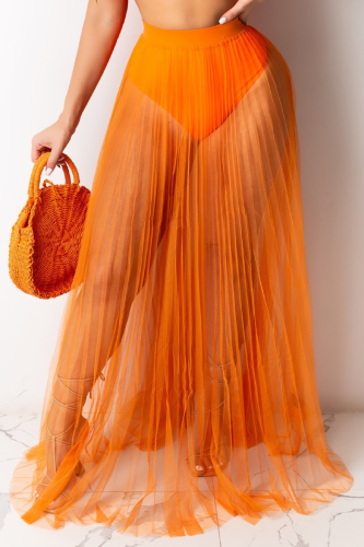 Tangerine Red Sexy Solid Mesh Swimwears Cover Up(without underwear)