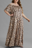 Leopard Print Fashion Plus Size Leopard Printing Off the Shoulder Short Sleeve Dress Plus Size