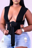 Black Sexy Solid Hollowed Out V Neck Plus Size Tops