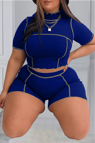 Blue Casual Solid Patchwork Turtleneck Plus Size Two Pieces